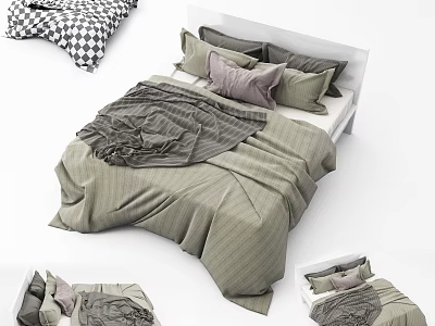 Modern Double Bed With Striped Bedding Gray Pillows And Dark Blanket 3d model