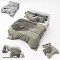 Modern Double Bed With Striped Bedding Gray Pillows And Dark Blanket