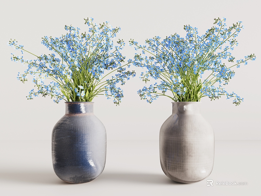 Two Dark Blue And Light Gray Ceramic Vases With Small Blue Flowers On White Background 3d model 