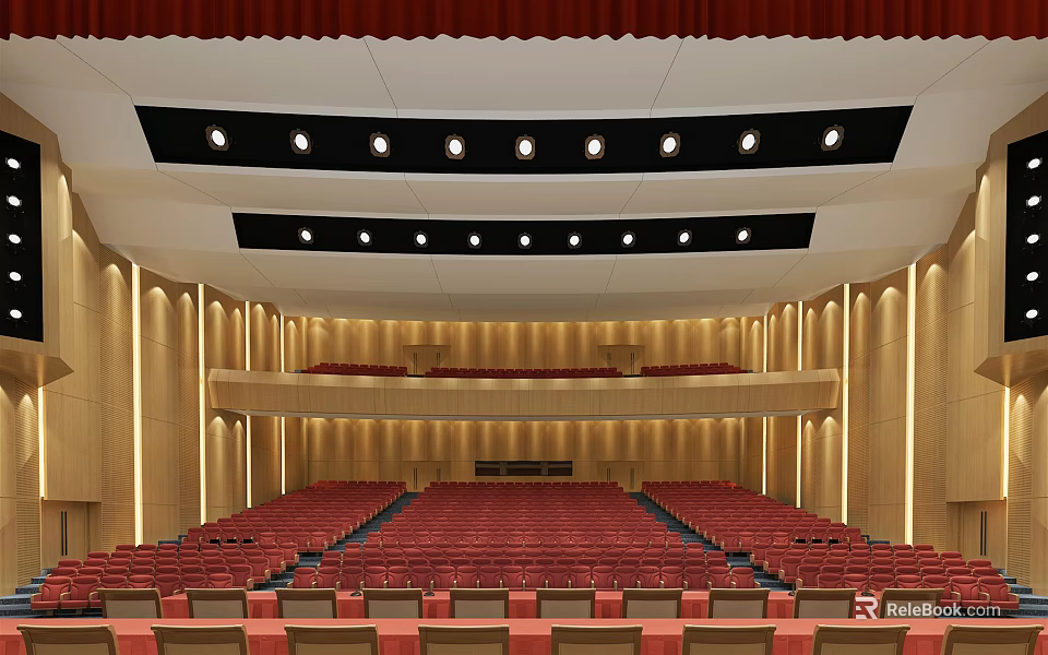 Conference Room Interior With Red Seats Multiple Levels Wooden Walls And Lighting Design 3d model 