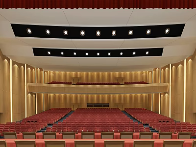 Conference Room Interior With Red Seats Multiple Levels Wooden Walls And Lighting Design 3d model