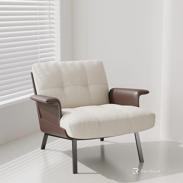 Modern Beige Linen Lounge Chair With Brown Leather Armrests And Metal Legs 3d model 