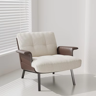 Modern Beige Linen Lounge Chair With Brown Leather Armrests And Metal Legs 3d model