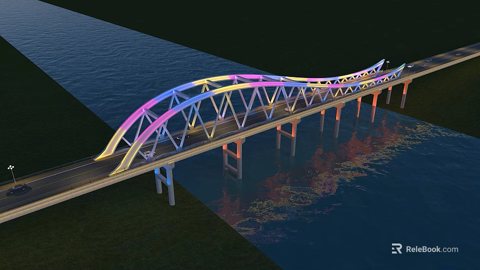 Arch Bridge With Colorful Lights And Steel Frame Over Water Reflection 3d model 