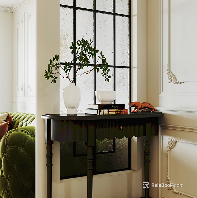 Stylish Entryway Console Table With Green Plant White Vase And Decorative Books Near Window 3d model 