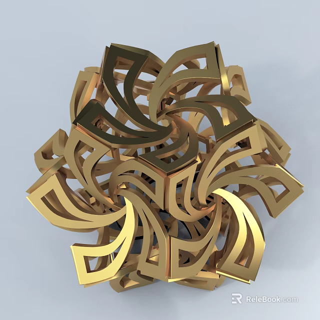 Golden Geometric Decorative Ornament Sculpture Set with Intricate Spiral 3D Design 3d model 