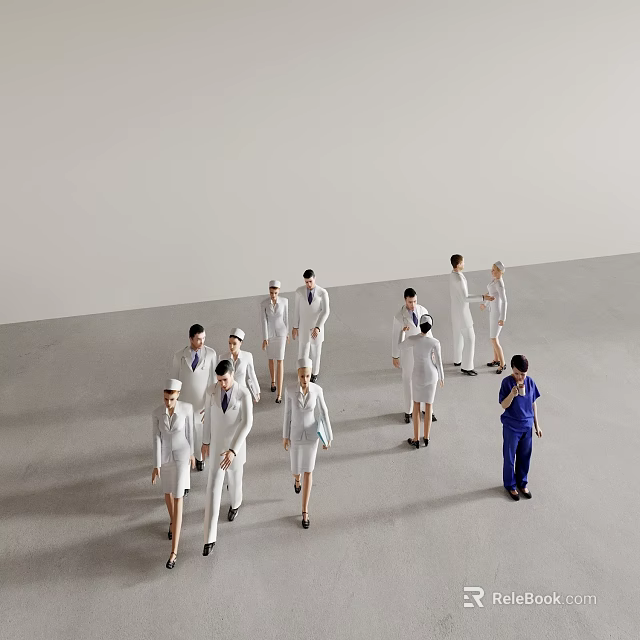 Group of People Wearing White Uniforms With One Person in Blue Clothes on Gray Floor 3d model 