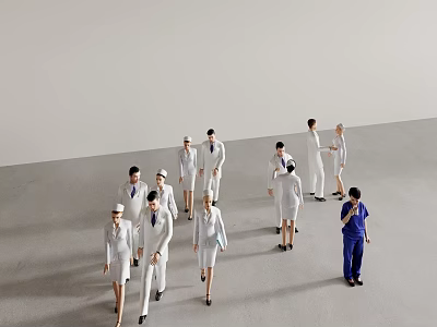 Group of People Wearing White Uniforms With One Person in Blue Clothes on Gray Floor 3d model