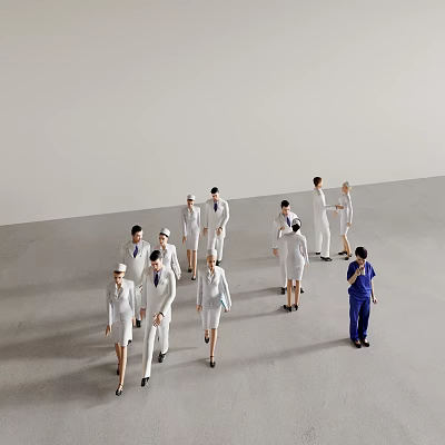 Group of People Wearing White Uniforms With One Person in Blue Clothes on Gray Floor 3d model