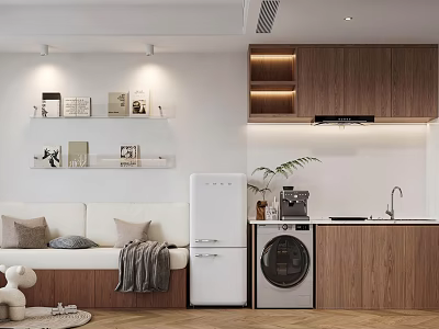 Modern Apartment Interior With White Sofa Wooden Cabinets Refrigerator Washing Machine Photo Shelves And Plants 3d model