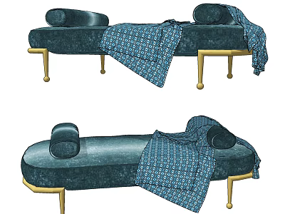Elegant Dark Green Ottoman Design With Gold Legs Blue Patterned Blanket And Cushions 3d model