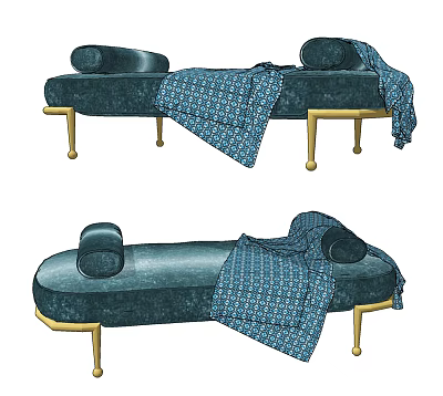 Elegant Dark Green Ottoman Design With Gold Legs Blue Patterned Blanket And Cushions 3d model