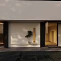 Modern Storefront Facade With White Walls Black Roof And Glass Doors Surrounded By Green Trees