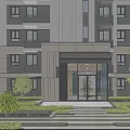 Modern Building Main Entrance Gate With Glass Doors Steps And Green Plants