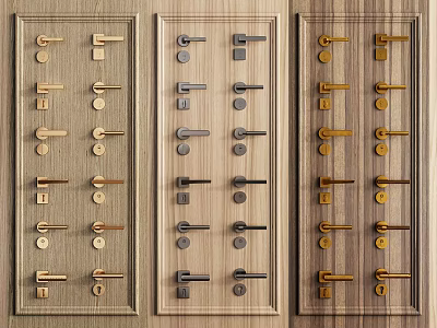 Various Door Handles With Different Finishes on Wooden Display Panels 3d model
