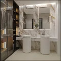 Modern Bathroom Interior with Double Sinks Marble Walls and Glass Cabinets