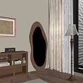 Cozy Interior Decor With Oval Mirror Wooden Cabinet Floor Lamp And Brown Curtains