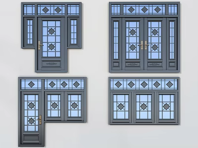 Stylish Casement Windows With Decorative Diamond Glass Patterns Dark Frames And Styles 3d model