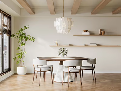 Warm Restaurant Interior With Wooden Ceiling Beams Chandelier Round Table Dining Chairs And Green Plant 3d model