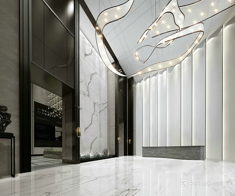 Modern Hotel Lobby Interior With Marble Floor White Walls And Contemporary Chandelier 3d model 