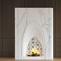 White Marble and Stone TV Wall Design with Arched Fireplace Flames Dark Wood Herringbone Floor