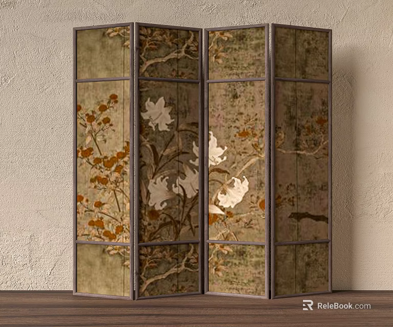 Four Panel Vintage Screen With White Flowers And Orange Blossoms Branch Motifs 3d model 
