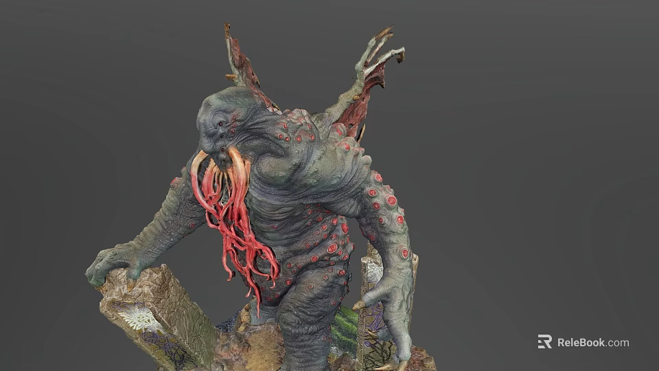 Game Movie Monster Character With Gray Skin Red Tentacles Red Spots Standing On Tree Stump 3d model 
