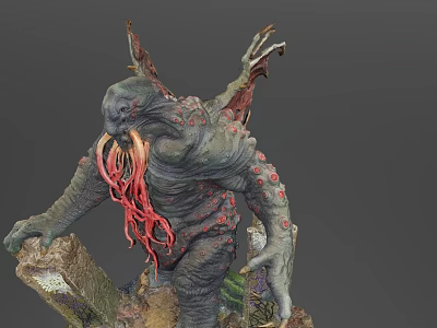 Game Movie Monster Character With Gray Skin Red Tentacles Red Spots Standing On Tree Stump 3d model