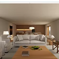 Modern Living And Dining Area Interior With Sofa Cushions Wooden Coffee Table And Pendant Light