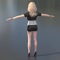 Blonde Game Movie Character in Black Jacket White Top Black Shorts Arms Outstretched Gray Background