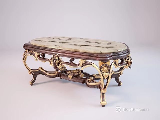 Classic Style Oval Coffee Table With Marble Top And Gold Carvings 3d model 