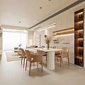 Modern Minimalist Living Dining Room With White Sofa Round Coffee Table Chandelier And Open Kitchen