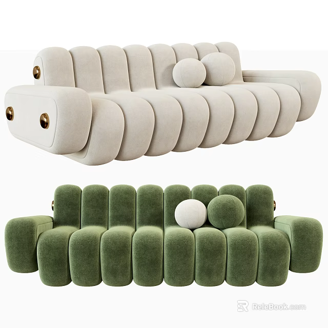Light Gray And Green Sectional Sofa With Rounded Modules And Decorative Round Pillows 3d model 