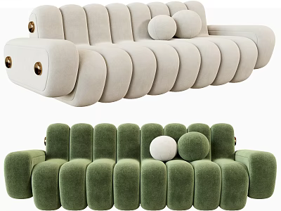 Light Gray And Green Sectional Sofa With Rounded Modules And Decorative Round Pillows 3d model
