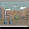 Children's Activity Room With Yellow Star Ceiling Green Border Light Blue Walls And Colorful Furniture