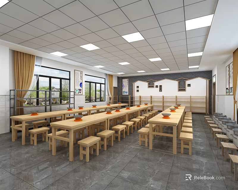 School Cafeteria Interior With Long Wooden Tables Benches And Large Windows 3d model
