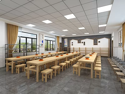 School Cafeteria Interior With Long Wooden Tables Benches And Large Windows 3d model