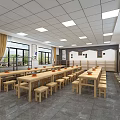 School Cafeteria Interior With Long Wooden Tables Benches And Large Windows 3d model