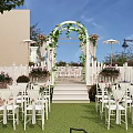 Detached Villa Outdoor Area With Red Brick Exterior White Arbor Vines Greenery And Lawn Chairs