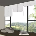 White Roman Curtains On Large Window With Natural Green View And Soft Cushions On Windowsill