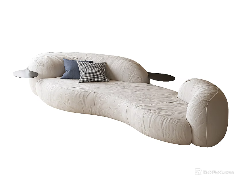 Unique Shaped Light Colored Sofa With Blue Gray Cushions And Side Trays Design 3d model