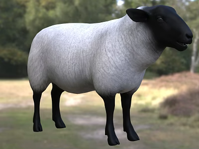 Black And White Sheep Standing On Green Grassland With Trees Background 3d model