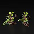 Two Vine Decorative Sculptures With Brown Trunk like Structures And Green Twisting Vines