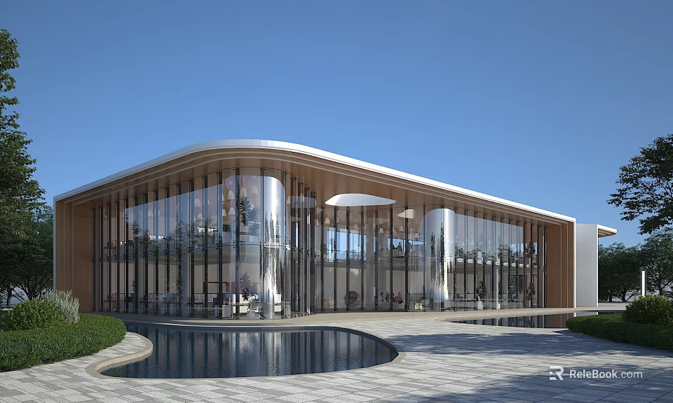 Modern Sales Office Building With Glass Curtain Wall And Front Water Pool Landscaping 3d model 