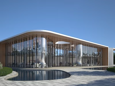 Modern Sales Office Building With Glass Curtain Wall And Front Water Pool Landscaping 3d model