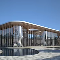 Modern Sales Office Building With Glass Curtain Wall And Front Water Pool Landscaping