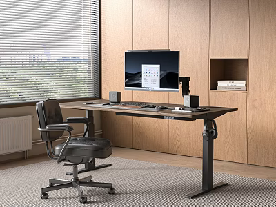 Modern Height Adjustable Office Desk With Black Chair Monitor Keyboard Mouse Wooden Cabinets Window Blinds 3d model