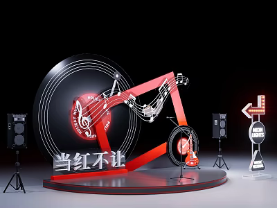 Stylish Stage Setup Featuring Record Background Red Decorative Elements Guitar Speakers And Backstage Sign 3d model