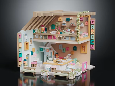 Miniature Two Story Interior Scene With Bookshelves Furniture Decorations And Plants 3d model