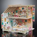 Miniature Two Story Interior Scene With Bookshelves Furniture Decorations And Plants